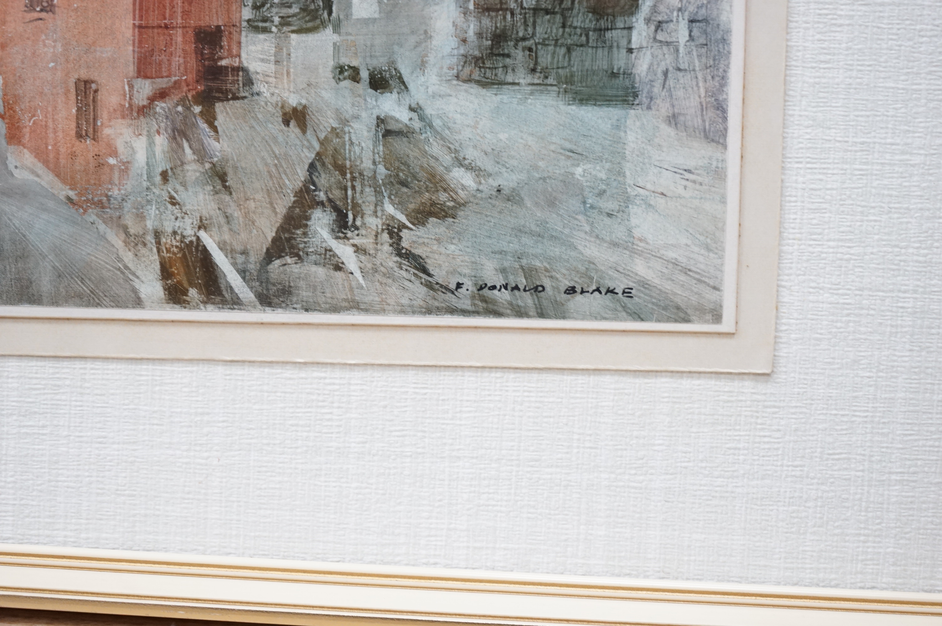 Frederick Donald Blake RI, RSMA (Scottish, 1908-1997), Study of buildings, signed, The Furneaux Gallery label verso, mixed media, 17 x 46cm